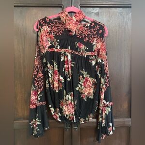 Free People Bainbridge Floral Embroidered Black Women's Top Size Small